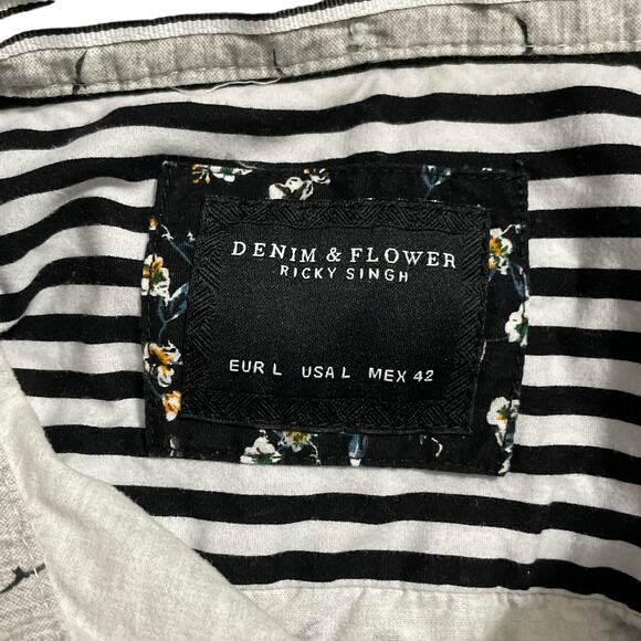 Denim & Flower Mens Large Gray Bird Print Short Sleeve Button Up Shirt Slim Fit - Picture 6 of 11